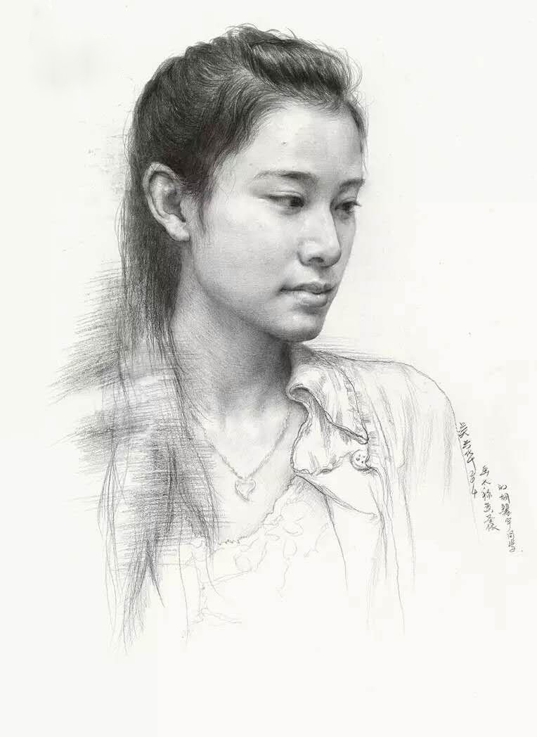 吴兴华素描 头像 女青年 四分之三 低头