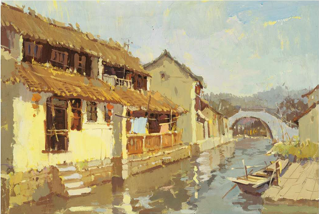 色彩 色彩风景 水乡 桥船 房子 河,美术作品图库-美术