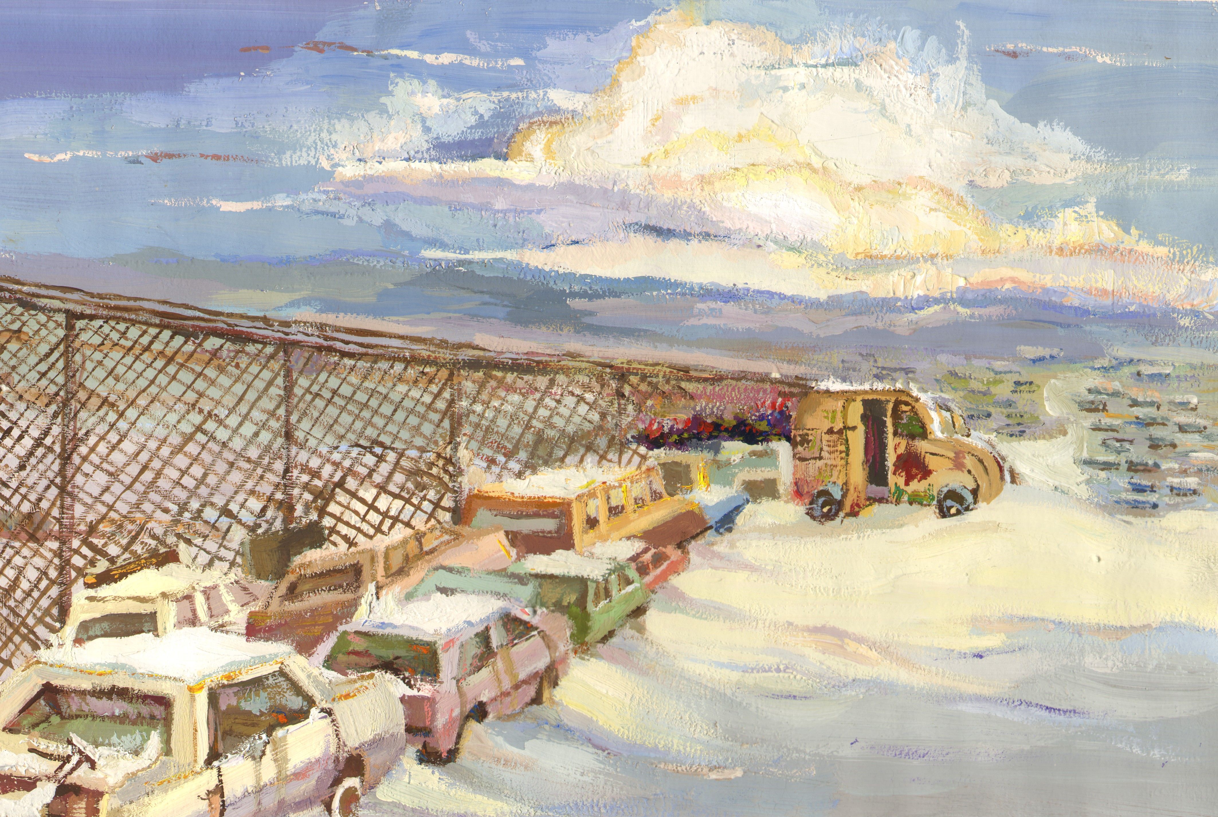 冷色调 横构图 停车场一角 汽车 围栏